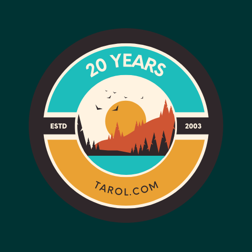 20 year logo features tree, lake, sun and bird silhouettes